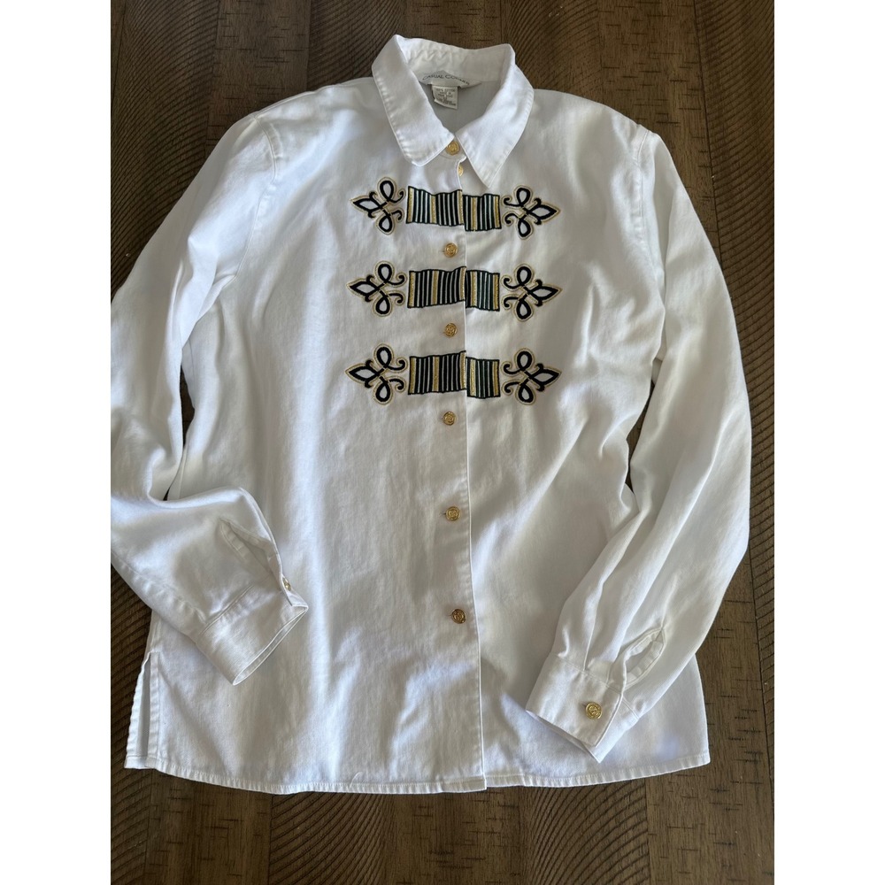Vintage 90s Casual Corner Military Style Embroidered Blouse - White Cotton - 12